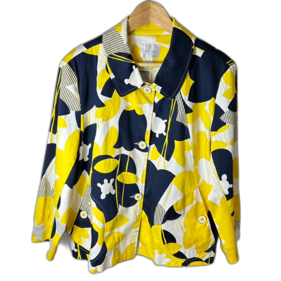 Erin London Yellow Navy Floral 3/4 Sleeve Collared Button Up Topper Jacket Sz L - Picture 2 of 13